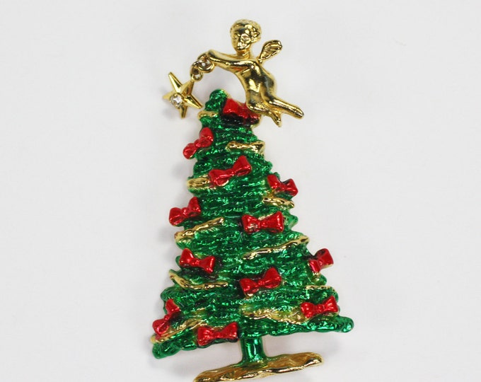 Enameled Christmas Tree Pin Angel with Star Dangle Vintage Holiday Jewelry Signed AJC