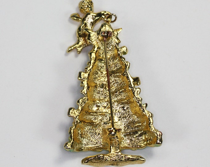 Enameled Christmas Tree Pin Angel with Star Dangle Vintage Holiday Jewelry Signed AJC