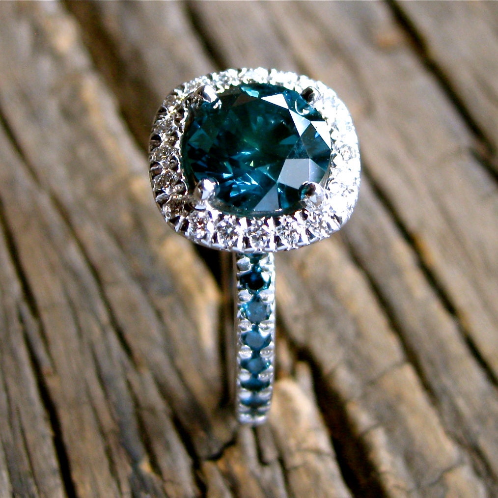 Teal Blue Diamond Engagement Ring in 14K White by SlowackJewelry