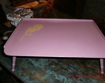 Vintage Shabby Cottage 1950's Pink Wooden Breakfast Tray Table Rustic Farmhouse Decor