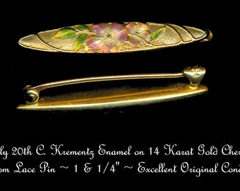 Pin--Early 20th C. Art Nouveau Krementz Enamel On 14 Karat Gold Cherry Blossom