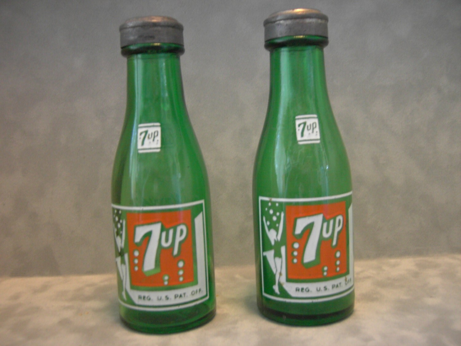 Vintage 7UP Salt and Pepper Shakers with Lead Caps