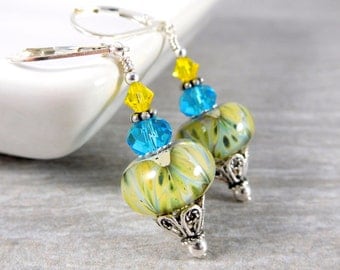 Yellow Turquoise Blue Glass Dangle Earrings, Sterling Silver Jewelry, Boro Lampwork Earrings, Boho Earrings, Summer Gypsy Jewelry Leverbacks