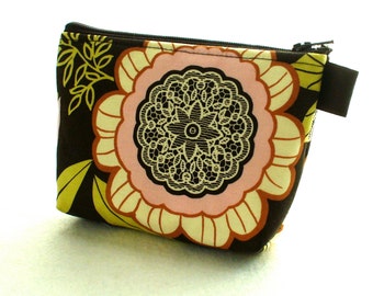 Clearance SALE Amy Butler Fabric Gadget Pouch Cosmetic Bag Zipper Pouch Makeup Bag Cotton Zip Pouch Lacework Black Olive Pink Floral Lotus