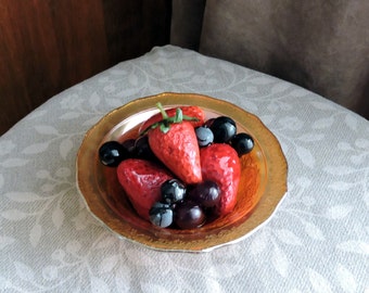 Fake Fruit in a Vintage Marigold Carnival Glass Bowl Home Staging Photo Prop