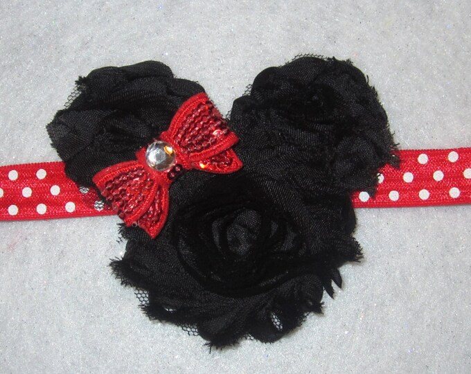 Minnie Mouse Headband Bow Shabby Chic Frayed Chiffon Beautiful Hairbow Flower Photo Party Newborn Baby Glitter Black Red