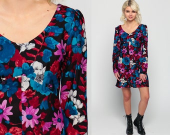 Floral Babydoll Dress 60s Mod Mini Empire Waist Long PUFF SLEEVE 70s Vintage Dolly Gogo Print 1960s Purple Blue Black Sixties Extra Small xs