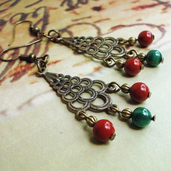 Christmas Chandelier Earrings with Gemstone Malachite & Red