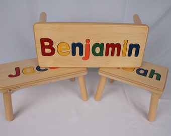 Wooden Name Puzzle Step Stool Bench - Birthday Gift - Wood - Personalized Puzzle -Kids Stool or Bench - One Name - Mixed Case Letters Only