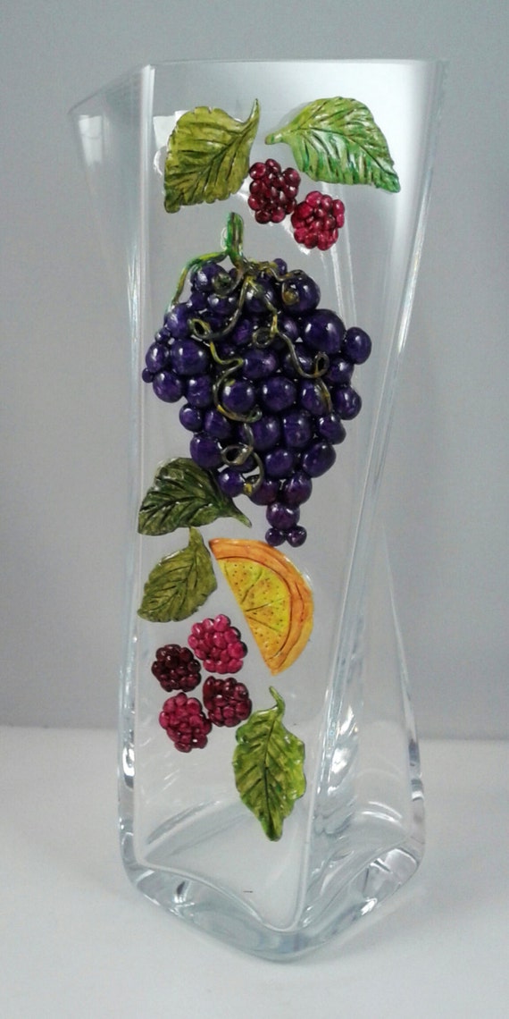 Items similar to Unique Glass Vase with Hand Sculpted and Painted Grape