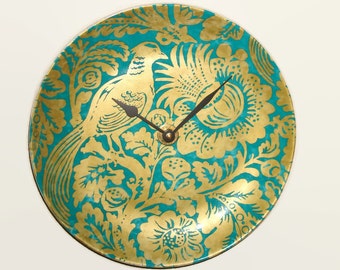 SILENT Exotic Bird and Floral Wall Clock 10-1/2 Inches, Teal and Gold Home Decor, Porcelain Plate Wall Clock, Gift for Mom - 2178