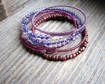 Pink and Purple Memory Wire Bangles, Wire Bracelets, Beaded Bangles, Beaded Bracelets, Minimalist Stacking Bracelets