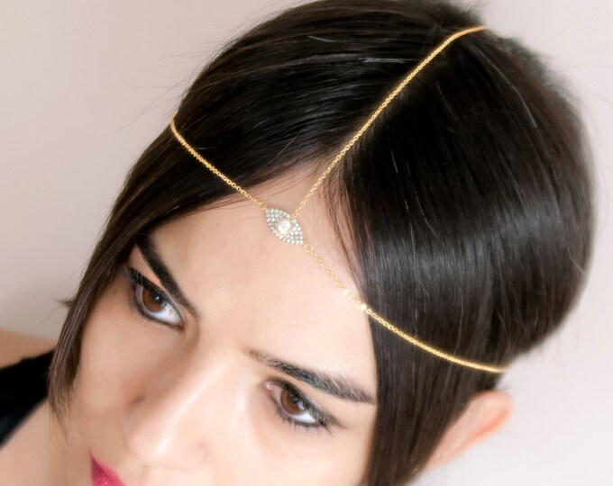 Dainty Head Chain for Wedding Party | Gift For Her | Hair Jewelry for Bridal | Gold Head Piece with CZ | Delicate Gold Chain Headband