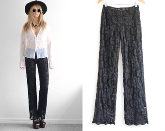 70s Black Lace Pants Vintage Boho Pants Black Lace Womens Palazzo Pants Vtg Boho Wide Leg Pants Floral Lace Pants S