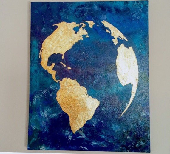 Items similar to Gold leaf map of the world with ocean background gold ...