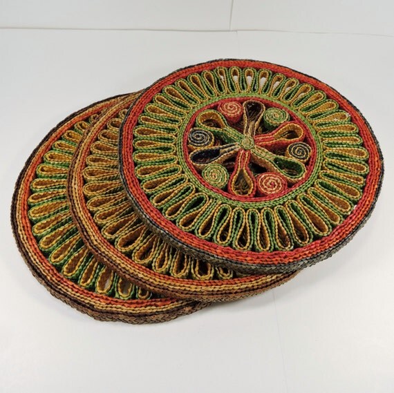 3 Vintage Rattan Trivets / Woven Raffia Trivets / Woven Pot