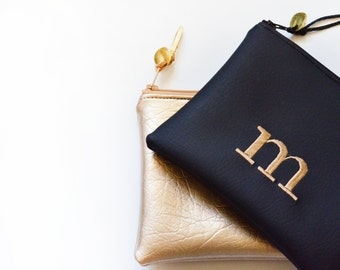 Personalized Gift for Her Monogram Clutch Bridesmaid Gift Set Zipper Pouch Metallic Initial Wedding Faux Leather