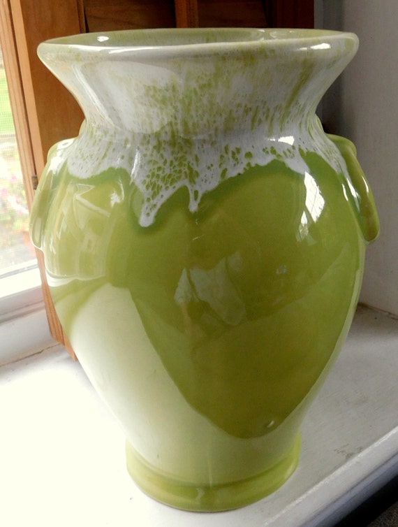 Lime Green Pottery Vase/Vintage Vase Drip Pattern/Lime Green