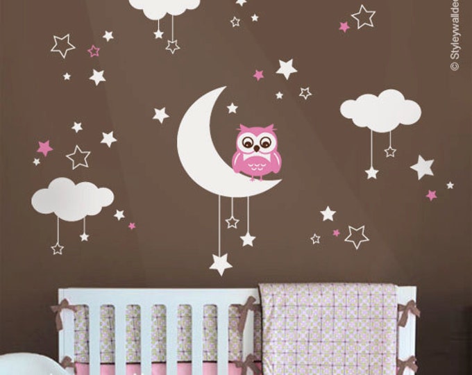 Owl Wall Decal, Owl Moon Stars and Clouds Wall Decal, Moon and Stars Wall Decal, Owl Nursery Kids Wall Sticker, Clouds Night Wall Decal