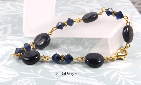 Blue Goldstone Gemstone Bracelet with Swarovski Crystal Wire