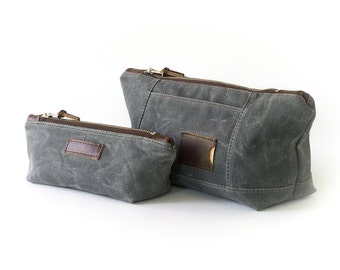NO. 317 & NO. 275 Personalized Makeup Bag Set in Slate Gray Waxed Canvas, Leather, Monogram Large Makeup Bag, Zipper Pouch, Anniversary Gift