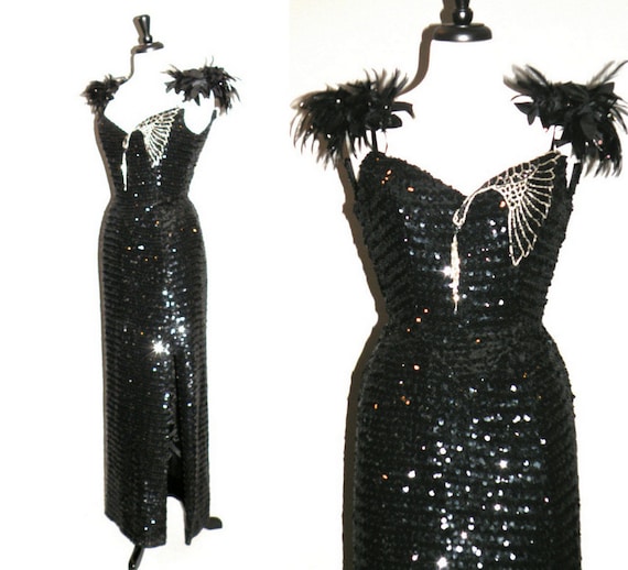 Vintage 1970s Evening Dress 70s Sequin Gown with Feathered
