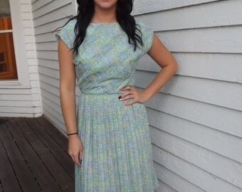 Vintage 50s Dress Print Pleated Blue Green Sheer S XS