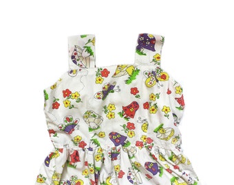 vintage girls dress mushroom butterfly 70's retro floral print handmade ric rac childrens clothing size 8 10