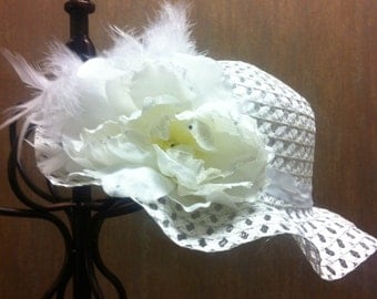 Little Girls White Tea Party Hat - First Communion - Flower Girl - Easter Hat