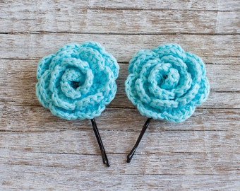 Turquoise blue crochet Flower bobby pin, Hair Clip, Flower Hair Accessories, Crochet Flowers, Flower Hair Pin, girls hair, Set of 2