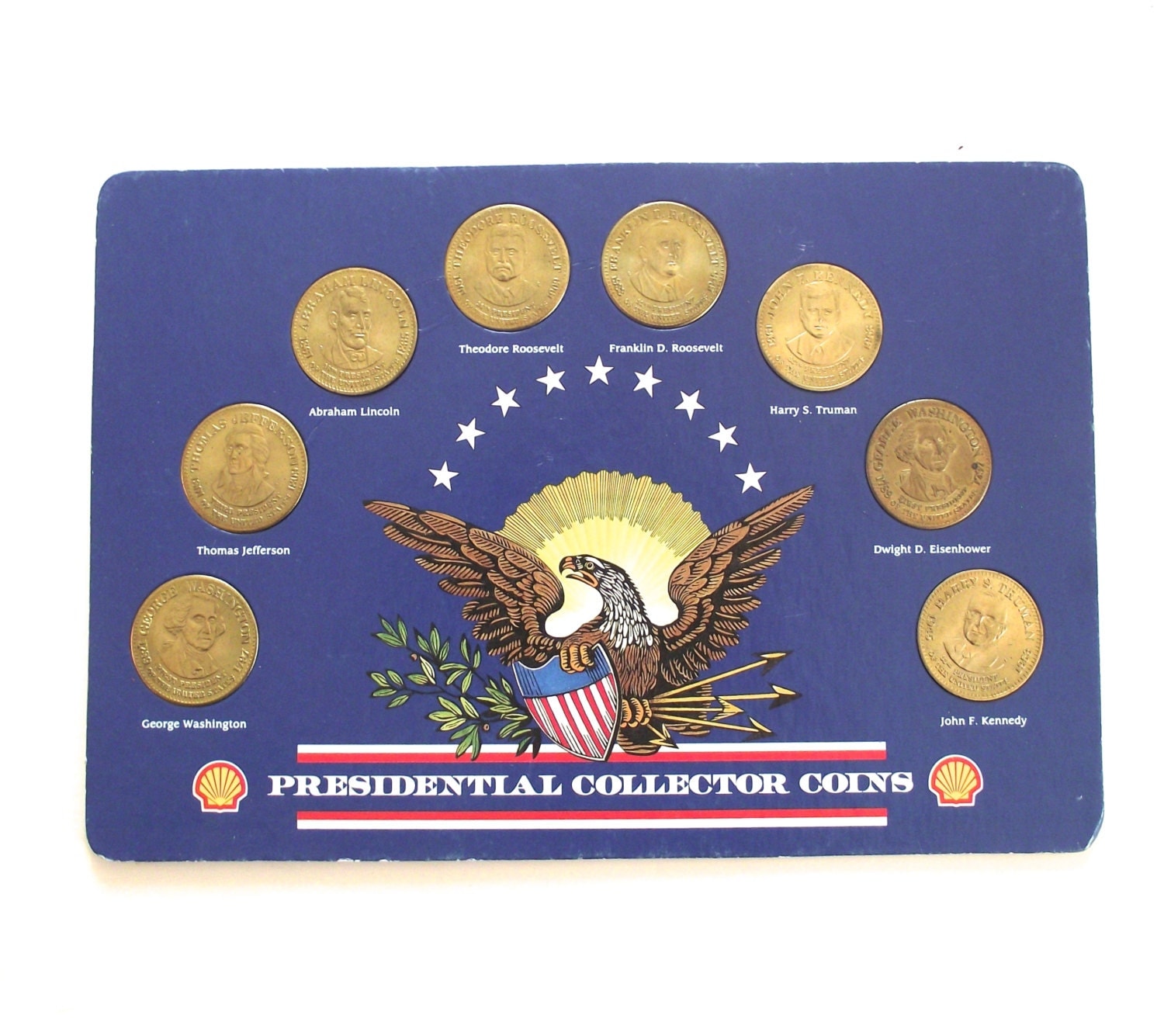 Shell Presidential Collector Coins Set of 8 Coins on Board
