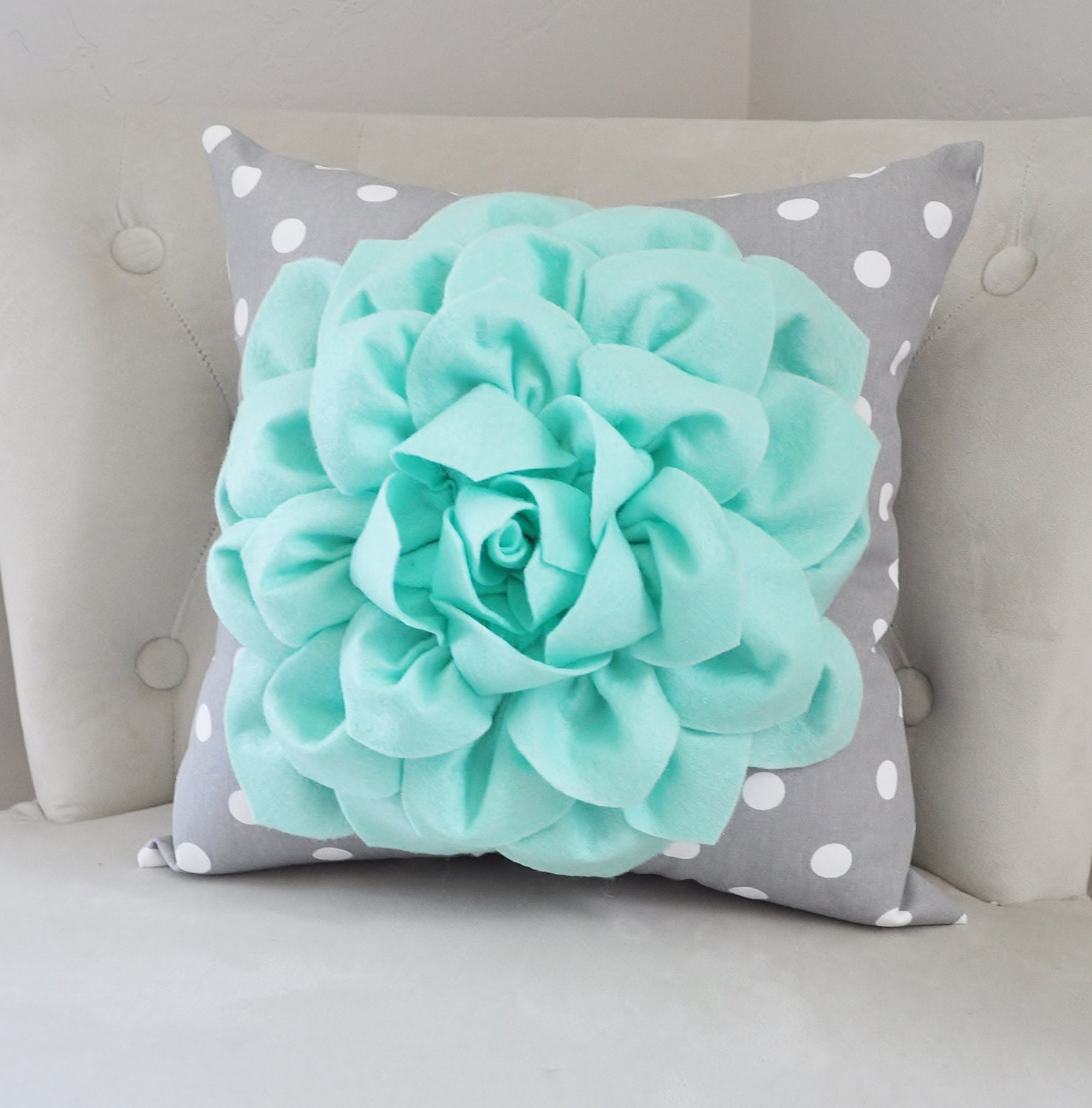 Mint Green Throw Pillow with Gray and White Polka Dot. Mint