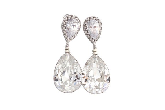 Clear Bridal Swarovski Drop Earrings Sterling Silver Cubic