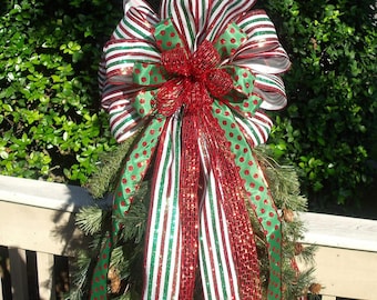 Ribbon Candy Christmas Tree Topper Bow, Christmas Tree Bow, Bow Topper, Red White and Green, Candy Cane Bow Topper, Garland Bows
