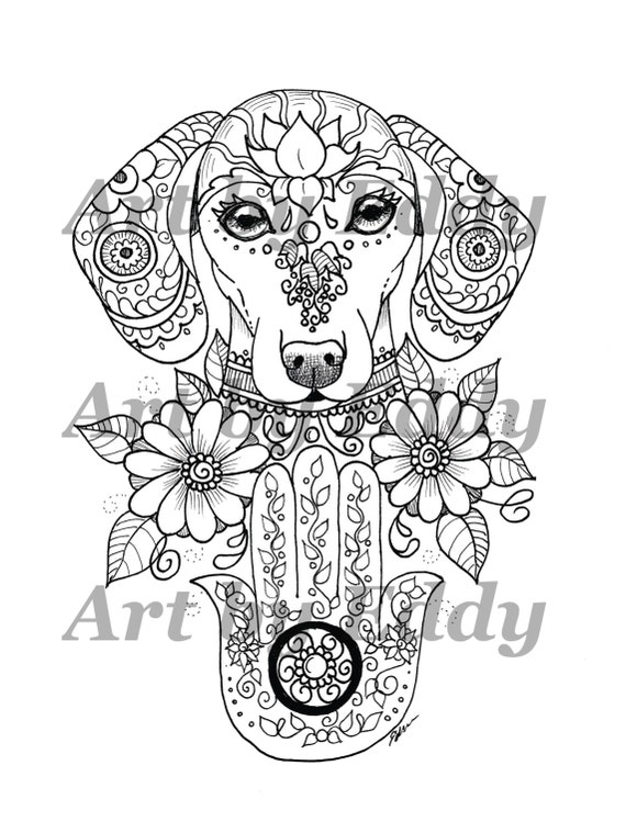 Art of Dachshund Single Coloring Page Hamsa Palm Doxie