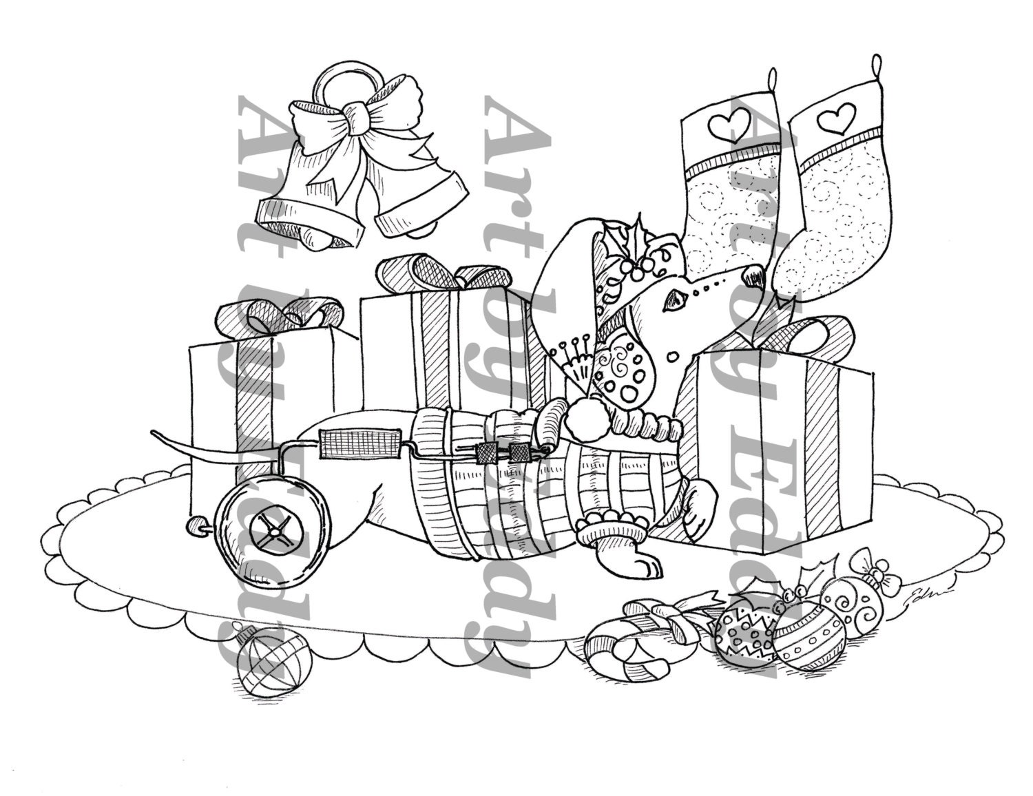 Art of Dachshund Single Coloring Page Christmas Doxie