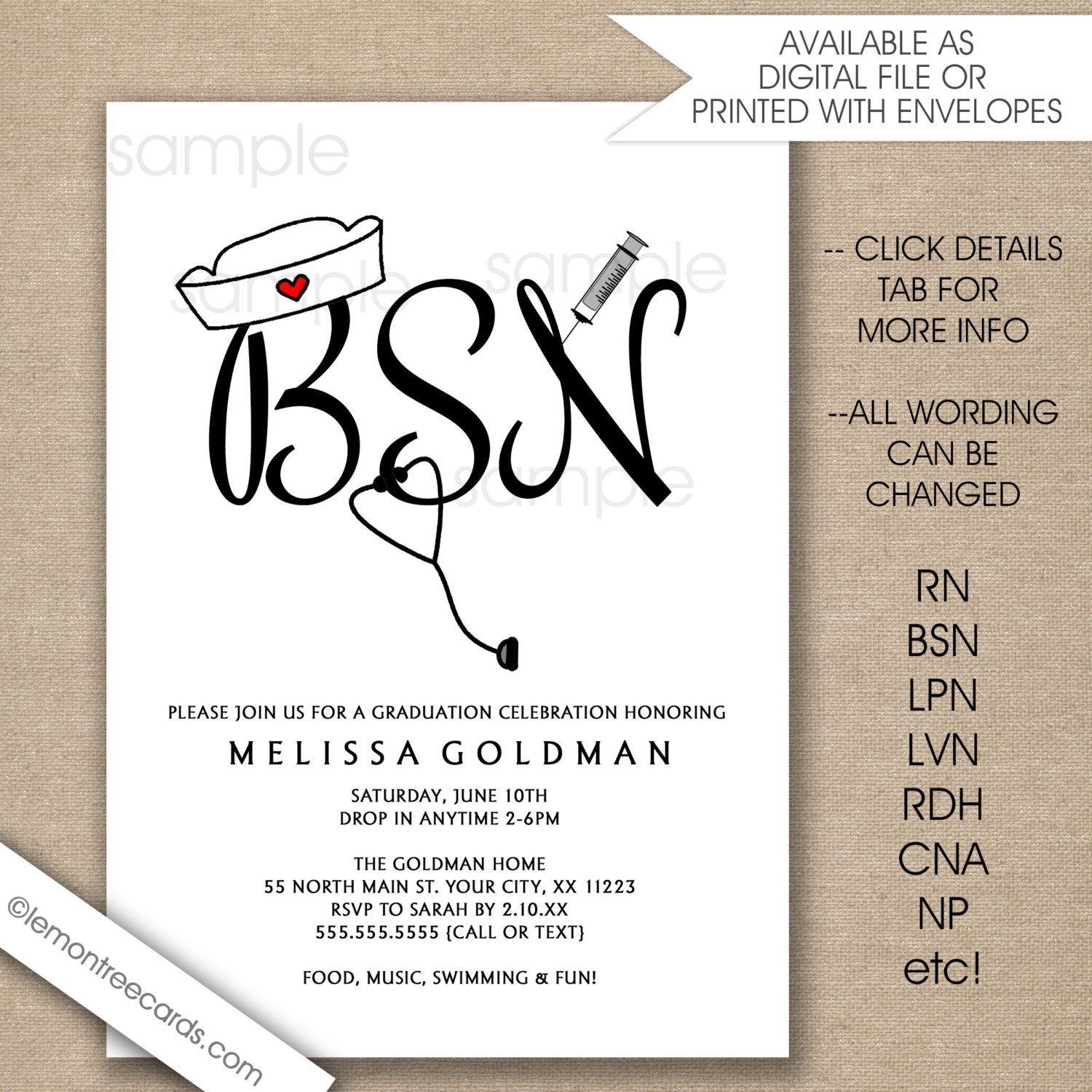 Nurse Pinning Ceremony Invitations FREE SHIPPING digital or