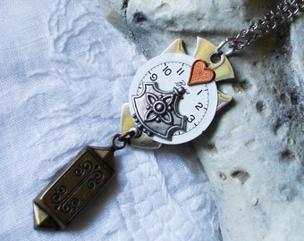 Steampunk Artist Creation - Stainless Steel Cross, Copper Heart, Watch Dial - One of a Kind C 2-4