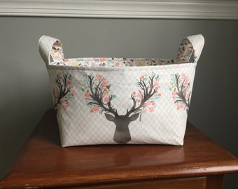 Fabric Basket- Deer Antlers- Woodland Theme- Buck Forest- Nursery Decor