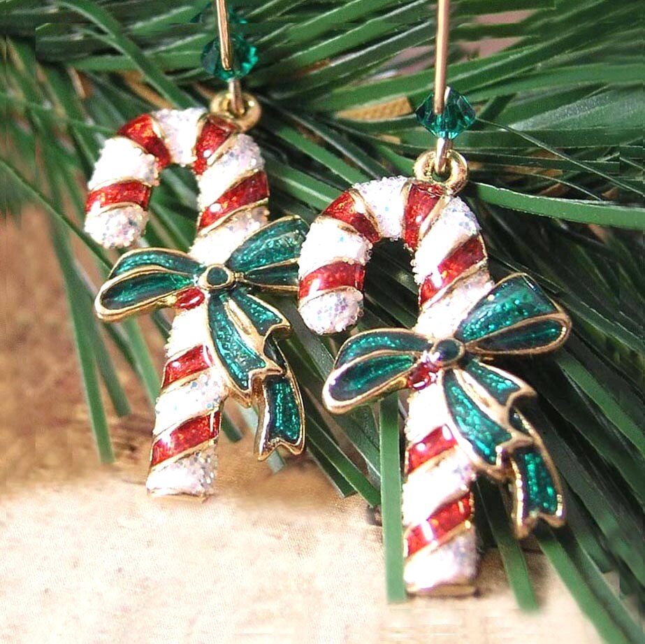 Christmas Candy Cane Earrings 14k Gold Red White Stripe