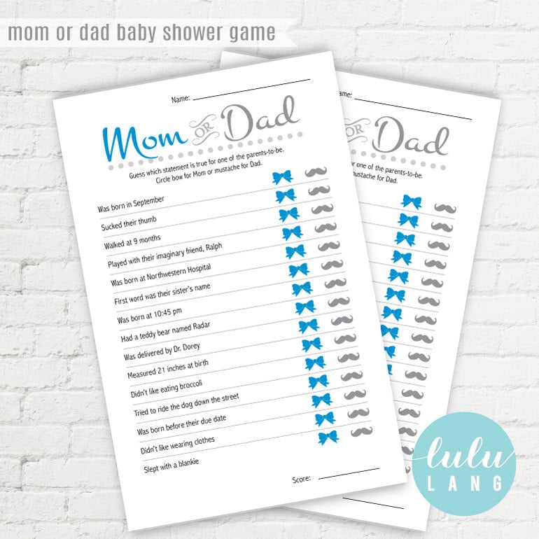 Printable Mom or Dad Custom Baby Shower Trivia Game Blue