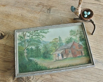 Sweet Antique Painting of a Cabin in the Woods Oil on Board