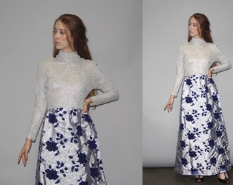 Vintage 1960s Silver Metallic Knit Floral Maxi Dress - Vintage 60s Maxi Dress - WD0704