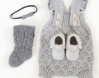 Lace romper Baby romper Baby girl clothes Knit romper Baby jumpsuit photo prop Baby overall lace romper in Gray Comming home clothes