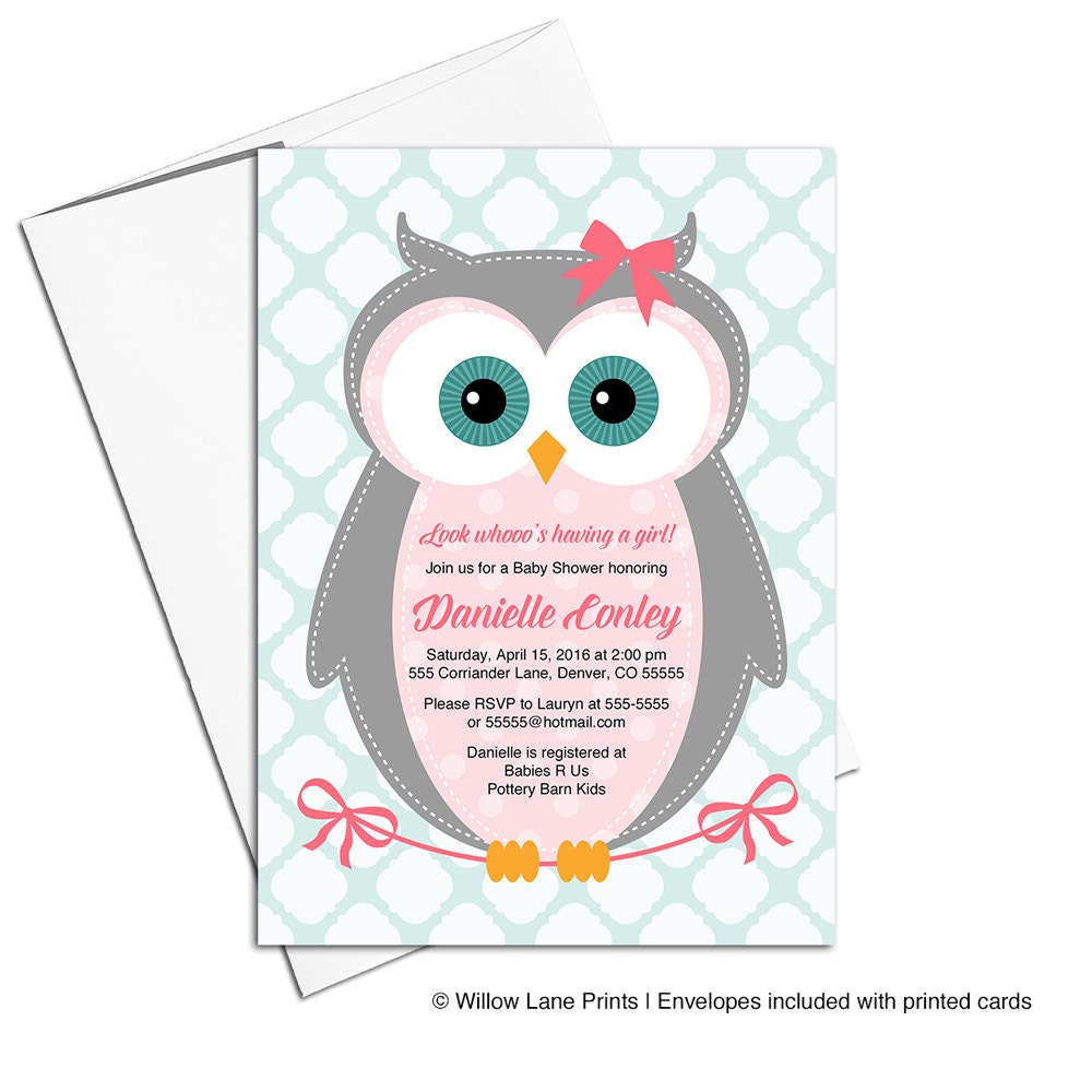 Owl baby shower invitations girl pink gray mint girl