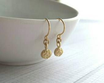Jack-o-lantern Earrings - tiny gold Halloween pumpkin dangles perfect for fall parties or gift / treat - matte gold autumn minimalist small