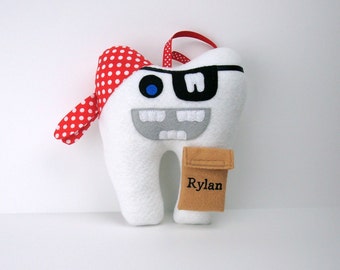 Tooth Fairy Pillow - Pirate can be Personalized - Pirate Tooth Pillow - Tooth Shaped Pirate