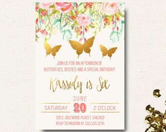Butterfly Birthday Invitation Floral Boho Chic Gold Girls Garden Party