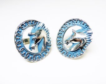 Blue Swank Horse CuffLinks - Large Oval Cuff Links - Blue Wreath with Horse Head - Vintage Retro Mod Men's Jewelry