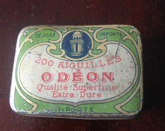 Antique Unique Gorgeous 1920s ODEON tin metal box aiguilles odeon